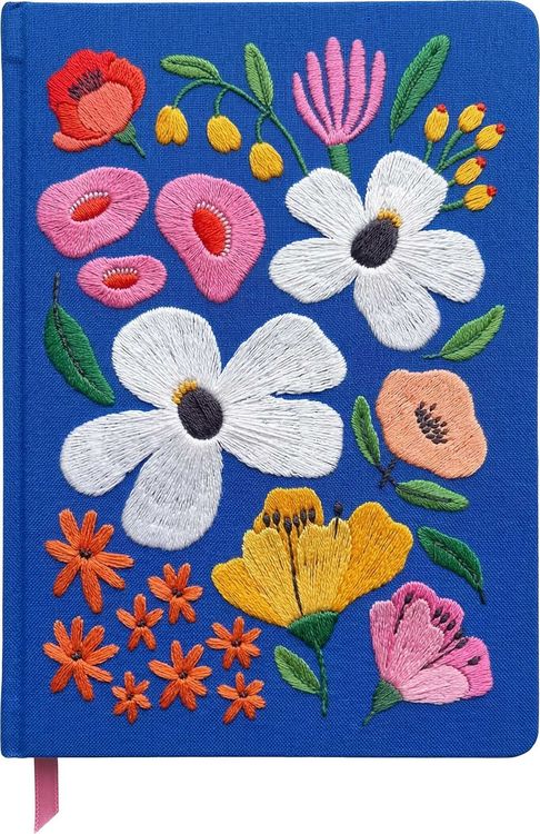 Produktbild: Bunte Blumengr&uuml;&szlig;e Notizbuch, bestickt, A5, 120 Bl&auml;tter, royalblau