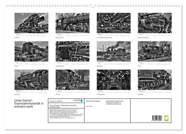 Produktbild: Unter Dampf - Eisenbahnromantik in schwarz-wei&szlig; (Wandkalender 2026 DIN A2 quer), CALVENDO Monatskalender