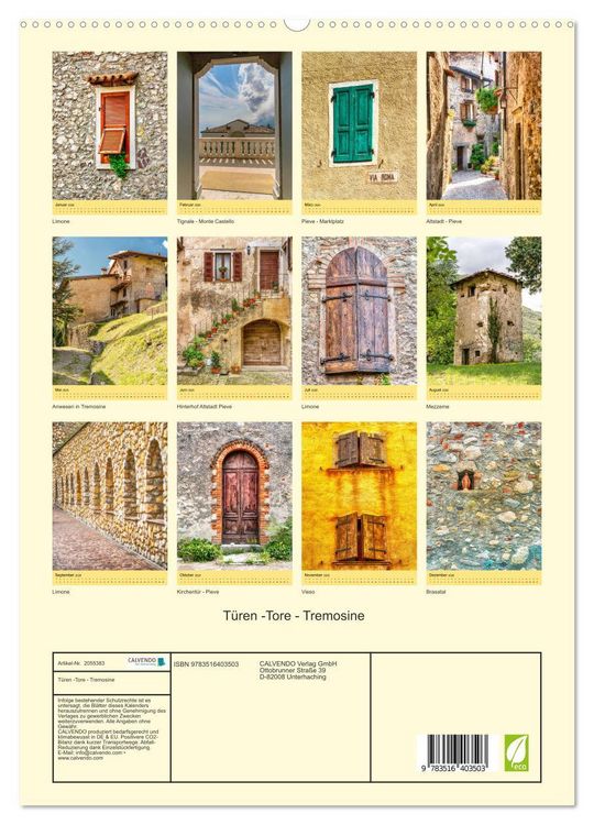 Produktbild: T&uuml;ren -Tore - Tremosine (hochwertiger Premium Wandkalender 2026 DIN A2 hoch), Kunstdruck in Hochglanz