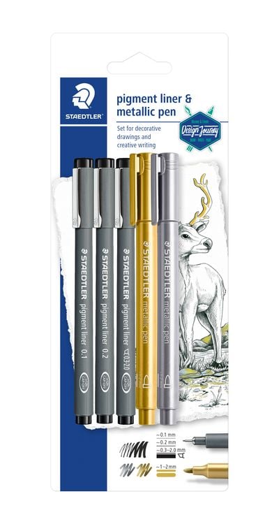 Produktbild: STAEDTLER Fineliner pigment liner 308 + 2 metallic pen, 5er Set