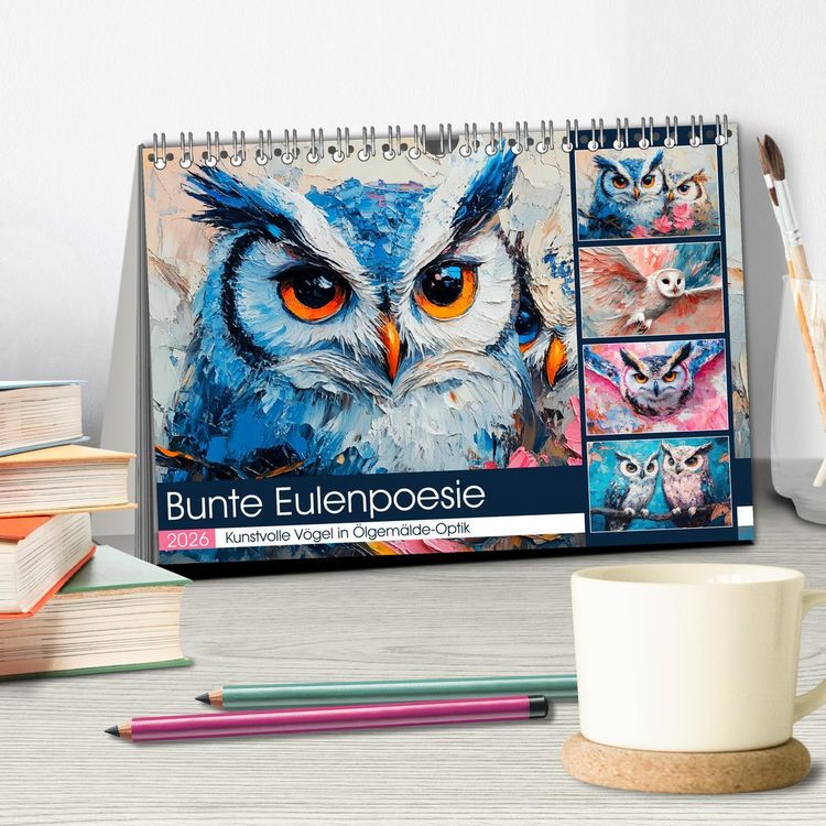 Produktbild: Bunte Eulenpoesie. Kunstvolle V&ouml;gel in &Ouml;lgem&auml;lde-Optik (Tischkalender 2026 DIN A5 quer), CALVENDO Monatskalender