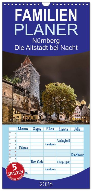 Produktbild: Familienplaner 2026 - N&uuml;rnberg - Die Altstadt bei Nacht mit 5 Spalten (Wandkalender, 21 x 45 cm) CALVENDO