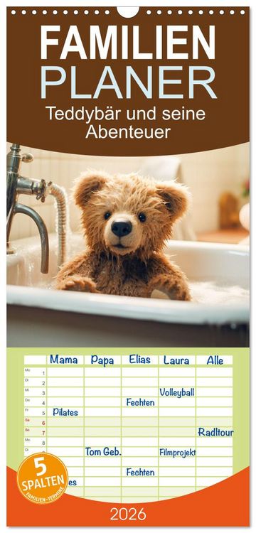 Produktbild: Familienplaner 2026 - Teddyb&auml;r und seine Abenteuer mit 5 Spalten (Wandkalender, 21 x 45 cm) CALVENDO