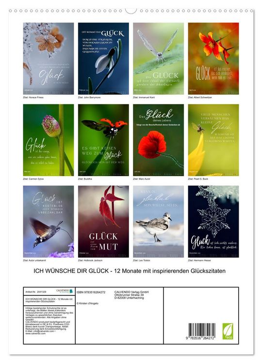 Produktbild: ICH W&Uuml;NSCHE DIR GL&Uuml;CK - 12 Monate mit inspirierenden Gl&uuml;ckszitaten (hochwertiger Premium Wandkalender 2026 DIN A2 hoch), Kunstdruck in Hochglanz