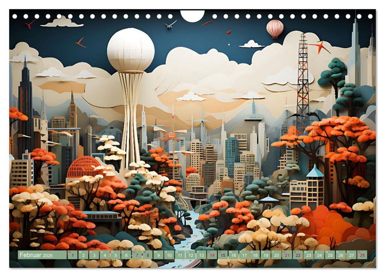 Produktbild: Papierschicktkunst - farbenfohe St&auml;dte (Wandkalender 2026 DIN A4 quer), CALVENDO Monatskalender