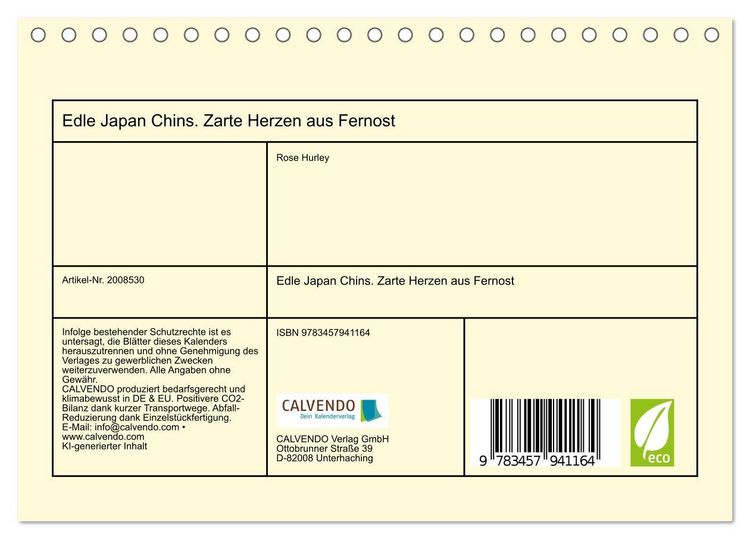 Produktbild: Edle Japan Chins. Zarte Herzen aus Fernost (Tischkalender 2026 DIN A5 quer), CALVENDO Monatskalender
