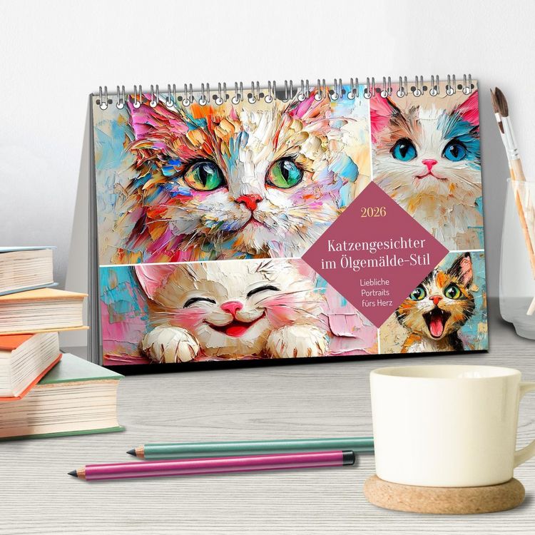 Produktbild: Katzengesichter im &Ouml;lgem&auml;lde-Stil. Liebliche Portraits f&uuml;rs Herz (Tischkalender 2026 DIN A5 quer), CALVENDO Monatskalender