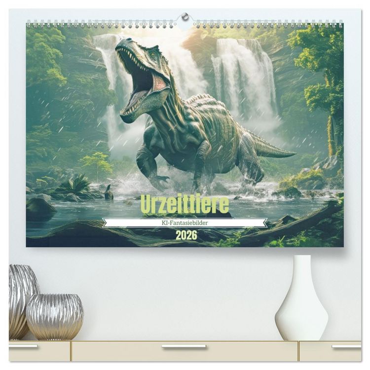 Produktbild: Urzeittiere - KI-Fantasiebilder (hochwertiger Premium Wandkalender 2026 DIN A2 quer), Kunstdruck in Hochglanz