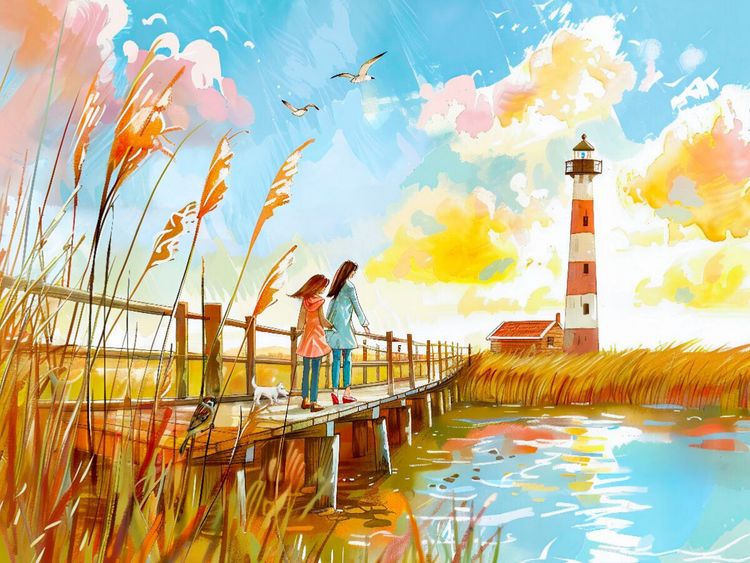 Produktbild: CALVENDO Puzzle Spaziergang mit Mutter und Kind zum Leuchtturm | 1000 Teile Lege-Gr&ouml;&szlig;e 64x48cm Foto-Puzzle f&uuml;r gl&uuml;ckliche Stunden