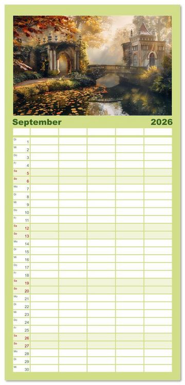 Produktbild: Familienplaner 2026 - Verwunschene G&auml;rten - Eine Zeitreise mit 5 Spalten (Wandkalender, 21 x 45 cm) CALVENDO