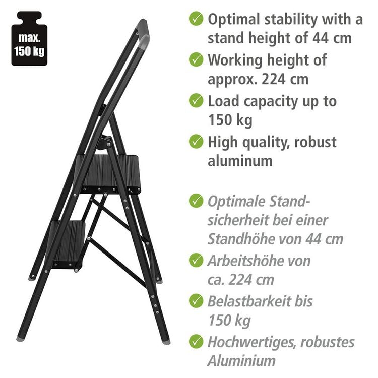 Produktbild: Alu-Klapptrittleiter Compact 2-stufig Schwarz, leichte & rutschfeste Haushaltsleiter,