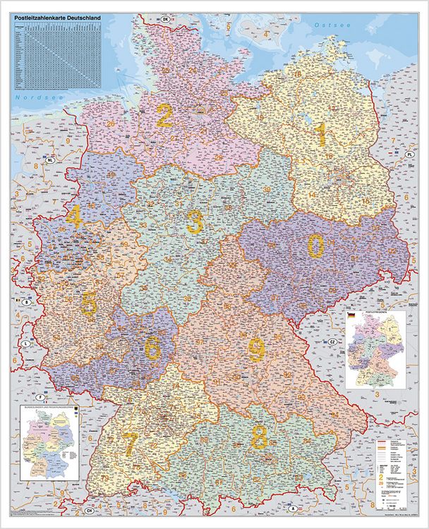 Produktbild: Deutschland Postleitzahlenkarte 1 : 750 000. Wandkarte Grossformat ohne Metallst&auml;be