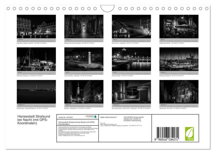 Produktbild: Hansestadt Stralsund bei Nacht (mit GPS-Koordinaten) (Wandkalender 2026 DIN A4 quer), CALVENDO Monatskalender