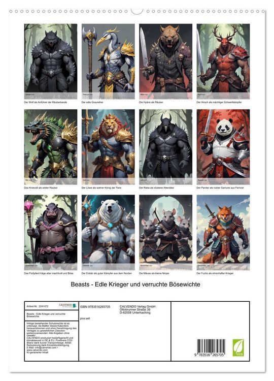 Produktbild: Beasts - Edle Krieger und verruchte B&ouml;sewichte (hochwertiger Premium Wandkalender 2026 DIN A2 hoch), Kunstdruck in Hochglanz