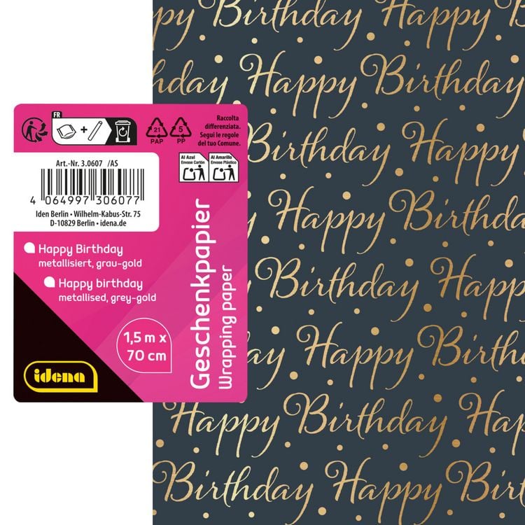 Produktbild: Idena Geschenkpapier Happy Birthday grau gold metallisiert 70cmx150cm