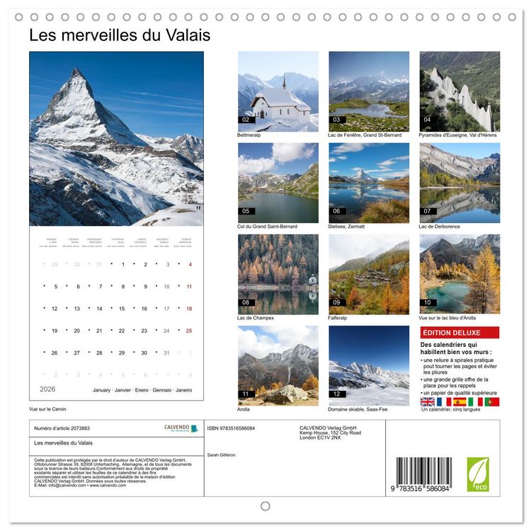 Produktbild: Les merveilles du Valais (Calendrier mural carr&eacute; 2026 30x30 cm) Calendrier double avec une page pour vos prises de notes