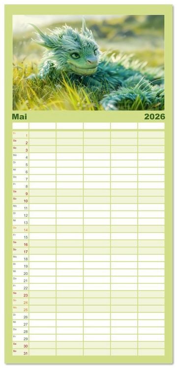 Produktbild: Familienplaner 2026 - Drachen - Verspielt und fluffig mit 5 Spalten (Wandkalender, 21 x 45 cm) CALVENDO