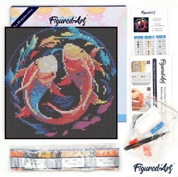 Produktbild: FiguredArt DP-SFA153-Y - Mini Diamond Painting, Bunte Koi-Karpfen, Leinwand-Keilrahmen (25x25cm), DIY Bastelset