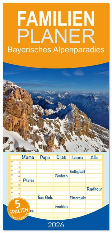 Produktbild: Familienplaner 2026 - Bayerisches Alpenparadies mit 5 Spalten (Wandkalender, 21 x 45 cm) CALVENDO