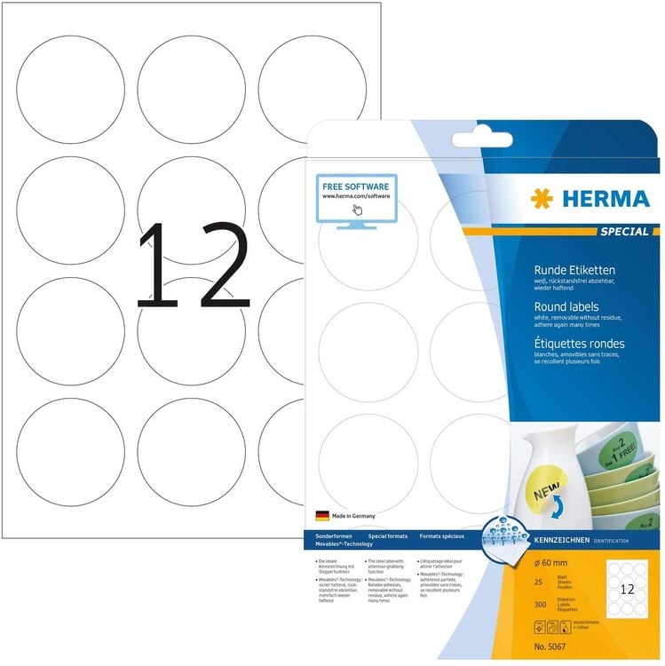 Produktbild: Herma Etiketten A4 60mm rund 25 Blatt 300 St&uuml;ck