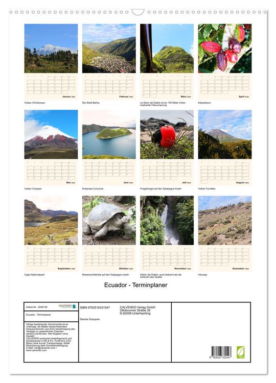 Produktbild: Ecuador - Terminplaner (Wandkalender 2026 DIN A2 hoch), CALVENDO Monatskalender