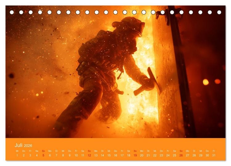 Produktbild: Feuer und Flamme - Feuerwehrkalender (Tischkalender 2026 DIN A5 quer), CALVENDO Monatskalender
