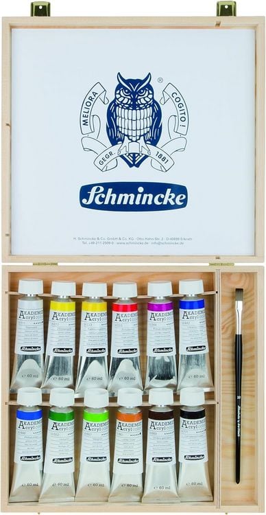 Bild vom Artikel Schmincke Akademie Acryl color, Holzkasten, 12 x 60 ml Tuben + daVinci Pinsel vom Autor 
