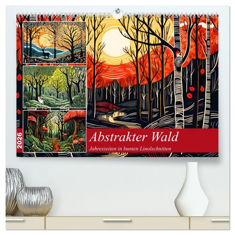 Produktbild: Abstrakter Wald - Jahreszeiten in bunten Linolschnitten (hochwertiger Premium Wandkalender 2026 DIN A2 quer), Kunstdruck in Hochglanz
