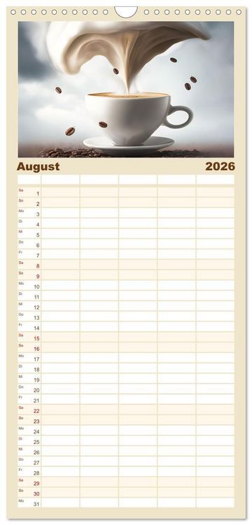 Produktbild: Familienplaner 2026 - Kaffe mal anders geniessen mit 5 Spalten (Wandkalender, 21 x 45 cm) CALVENDO