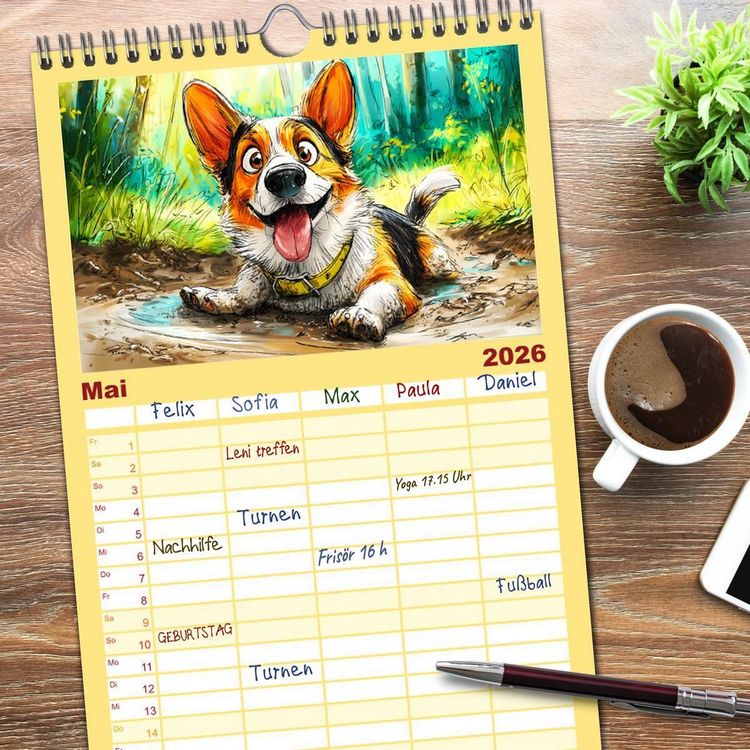 Produktbild: Familienplaner 2026 - Lustige Corgis. Niedliche Cartoons von gl&uuml;cklichen Hunden mit 5 Spalten (Wandkalender, 21 x 45 cm) CALVENDO