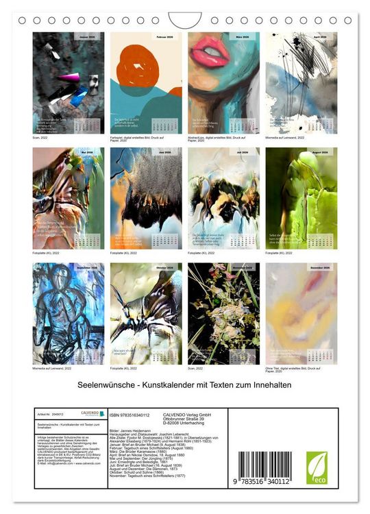 Produktbild: Seelenw&uuml;nsche - Kunstkalender mit Texten zum Innehalten (Wandkalender 2026 DIN A4 hoch), CALVENDO Monatskalender