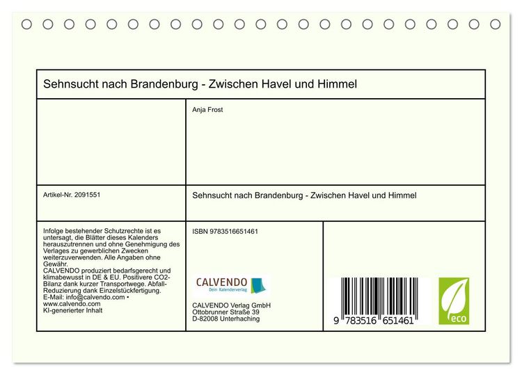 Produktbild: Sehnsucht nach Brandenburg - Zwischen Havel und Himmel (Tischkalender 2026 DIN A5 quer), CALVENDO Monatskalender