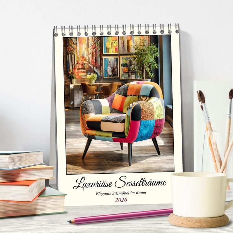 Produktbild: Luxuri&ouml;se Sesseltr&auml;ume. Elegante Sitzm&ouml;bel im Raum (Tischkalender 2026 DIN A5 hoch), CALVENDO Monatskalender