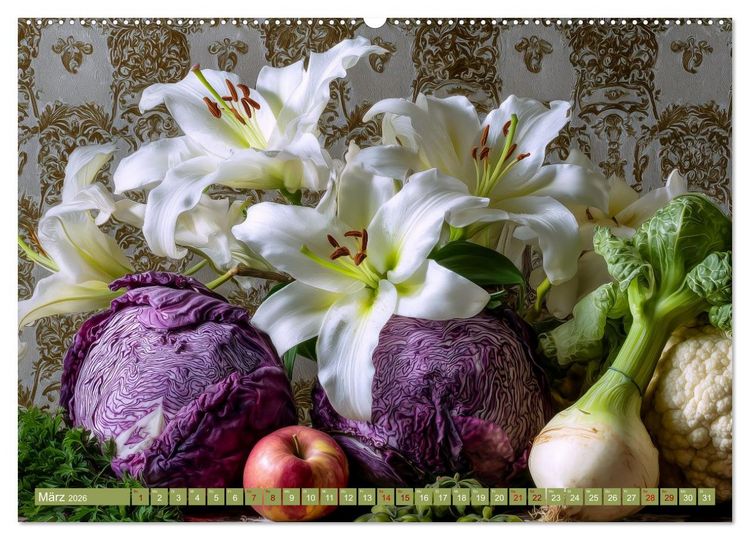 Produktbild: Bloom und Bite. KI mixt Blumen, Obst und Gem&uuml;se (Wandkalender 2026 DIN A2 quer), CALVENDO Monatskalender