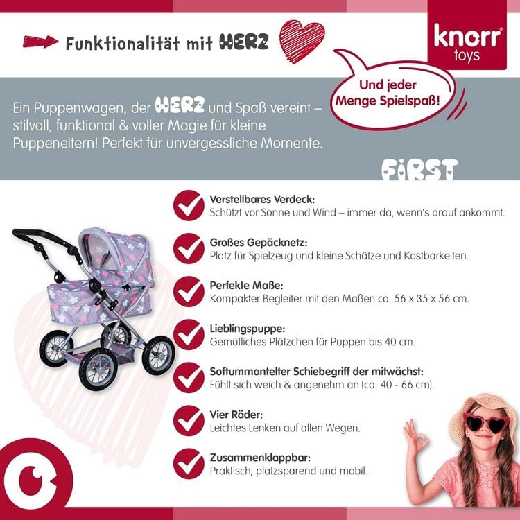Produktbild: Knorrtoys 63444 - Puppenwagen First Grey Pink, klappbar, Schieber h&ouml;henverstellbar
