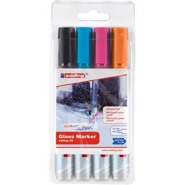 Produktbild: EDDING&reg; Glasboard Marker 95, 4er Set (schwarz, hellblau, rosa, orange)