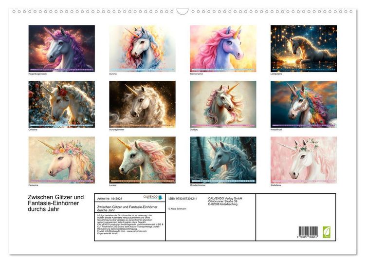 Produktbild: Zwischen Glitzer und Fantasie-Einh&ouml;rner durchs Jahr (Wandkalender 2026 DIN A2 quer), CALVENDO Monatskalender