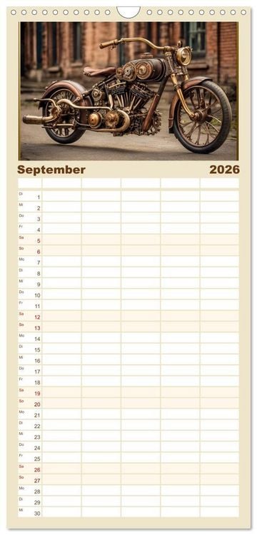 Produktbild: Familienplaner 2026 - Motorr&auml;der im Steampunk-Style mit 5 Spalten (Wandkalender, 21 x 45 cm) CALVENDO