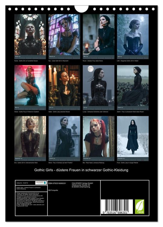 Produktbild: Gothic Girls - d&uuml;stere Frauen in schwarzer Gothic-Kleidung (Wandkalender 2026 DIN A4 hoch), CALVENDO Monatskalender