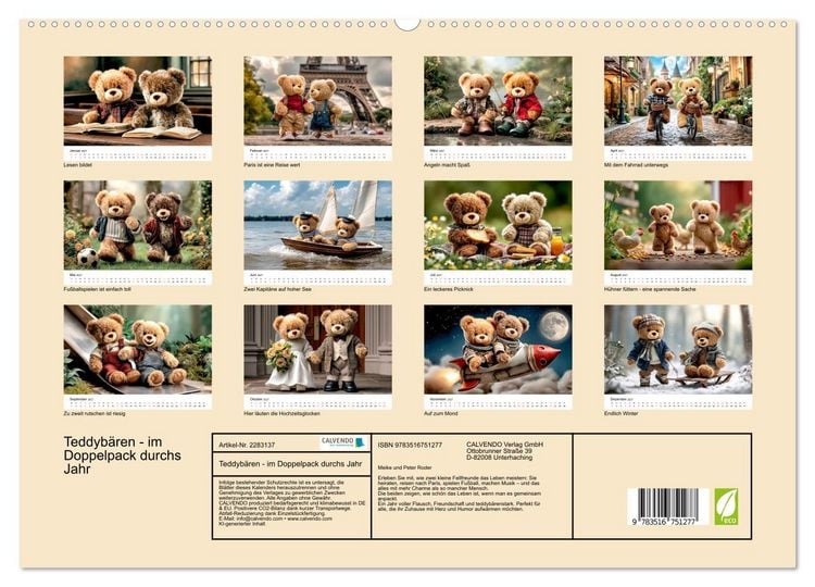 Produktbild: Teddyb&auml;ren - im Doppelpack durchs Jahr (hochwertiger Premium Wandkalender 2027 DIN A2 quer), Kunstdruck in Hochglanz