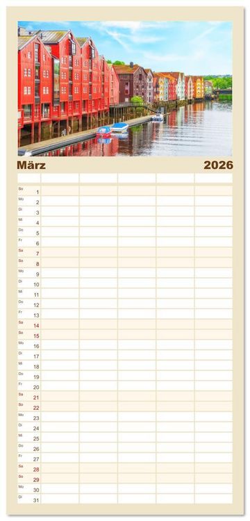 Produktbild: Familienplaner 2026 - Norwegens K&uuml;stenst&auml;dte mit 5 Spalten (Wandkalender, 21 x 45 cm) CALVENDO