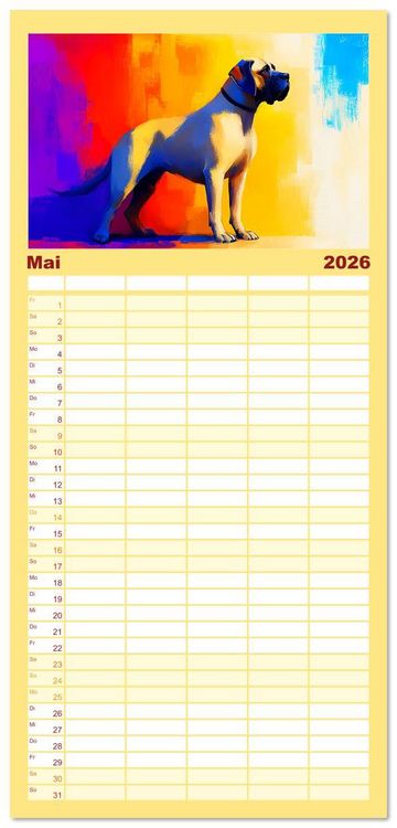 Produktbild: Familienplaner 2026 - Kraftvolle Partner. Hunde in k&uuml;nstlerischer &Ouml;loptik mit 5 Spalten (Wandkalender, 21 x 45 cm) CALVENDO