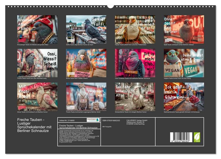 Produktbild: Freche Tauben - Lustiger Spr&uuml;chekalender mit Berliner Schnautze (hochwertiger Premium Wandkalender 2026 DIN A2 quer), Kunstdruck in Hochglanz