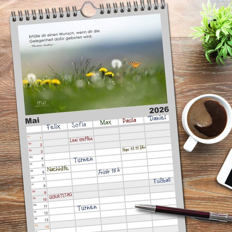 Produktbild: Familienplaner 2026 - Gedanken... Bildkalender mit Spr&uuml;chen mit 5 Spalten (Wandkalender, 21 x 45 cm) CALVENDO