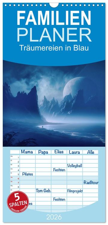 Produktbild: Familienplaner 2026 - Tr&auml;umereien in Blau mit 5 Spalten (Wandkalender, 21 x 45 cm) CALVENDO