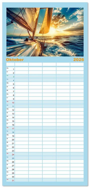 Produktbild: Familienplaner 2026 - Mit dem Wind um die Welt - segeln mit 5 Spalten (Wandkalender, 21 x 45 cm) CALVENDO