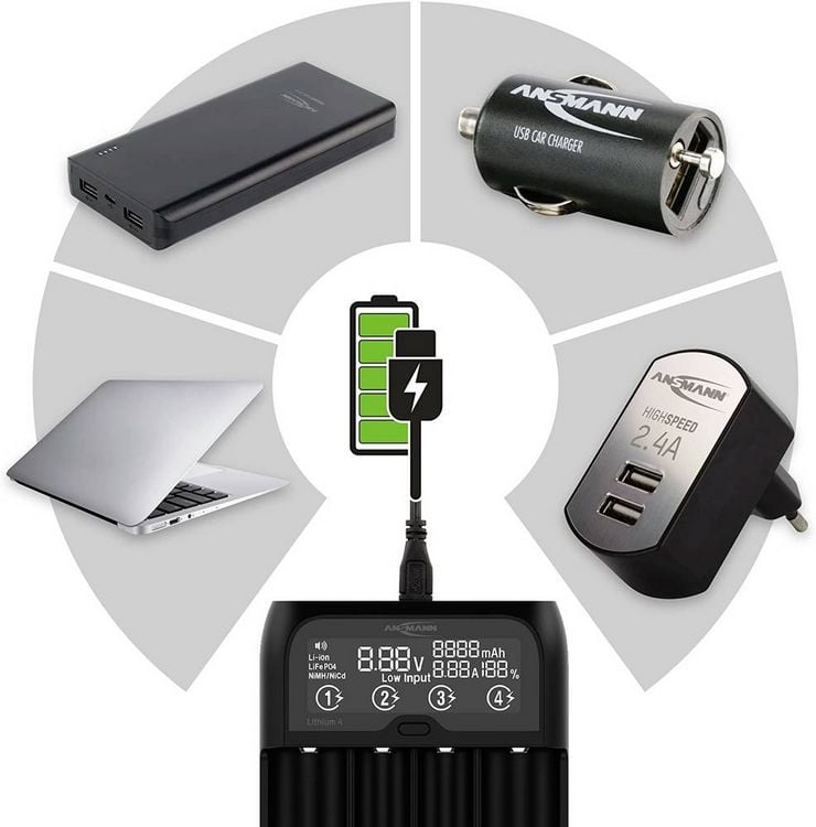 Produktbild: Ansmann Lithium 4 Universalladeger&auml;t mit 2x 18650 Akkuzellen (2600mAh) Ladeger&auml;t LiIon, LiFePO4, NiMH 18500, 18650, 14500, 16340