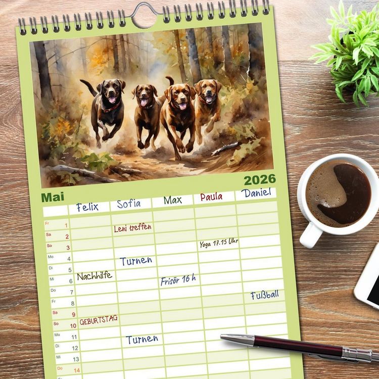 Produktbild: Familienplaner 2026 - Voller Kraft und Energie - Labrador-Retriever mit 5 Spalten (Wandkalender, 21 x 45 cm) CALVENDO