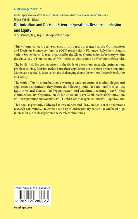 Produktbild: Optimization and Decision Science: Operations Research, Inclusion and Equity