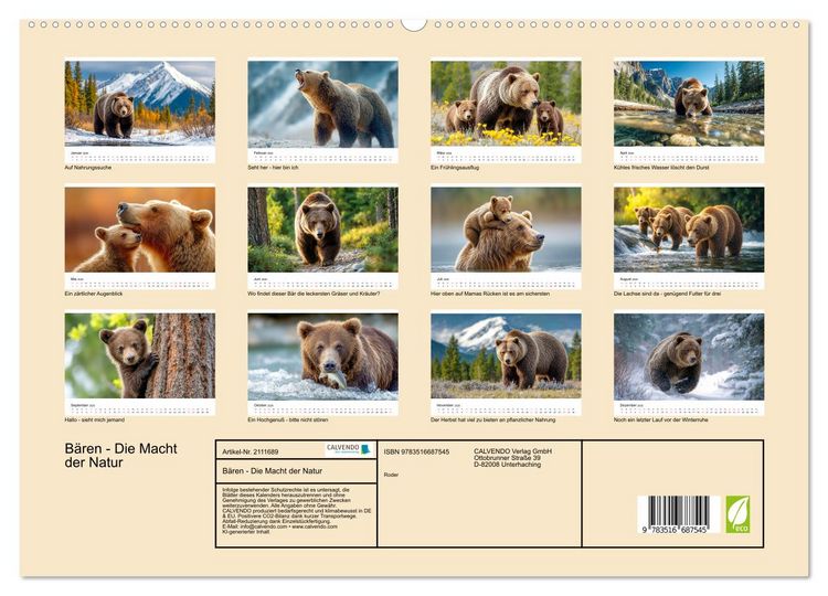 Produktbild: B&auml;ren - Die Macht der Natur (hochwertiger Premium Wandkalender 2026 DIN A2 quer), Kunstdruck in Hochglanz